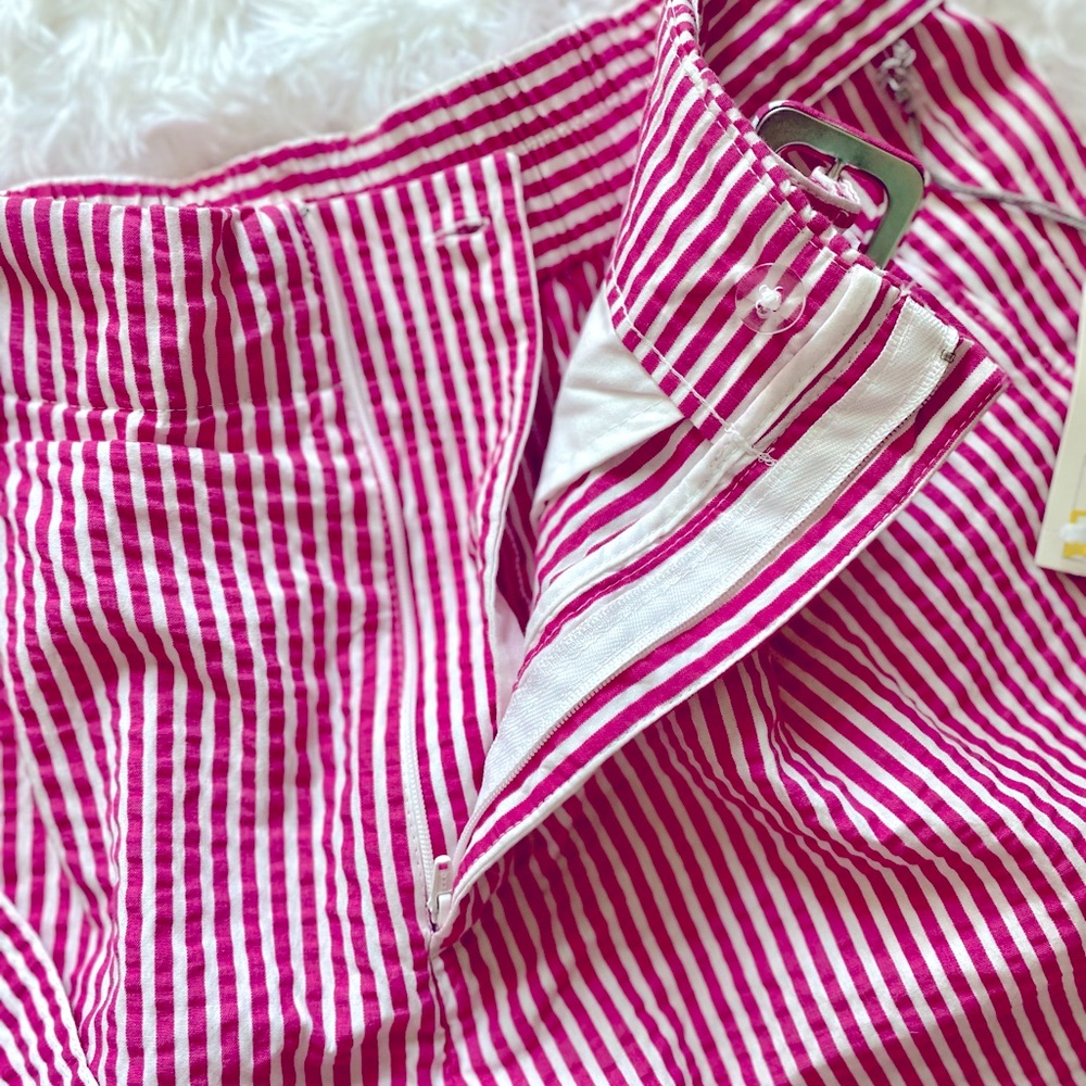 PINK WHITE STRIPED BELTED HIGH RISE SHORTS W/ POCKETS - Picture 5 of 11